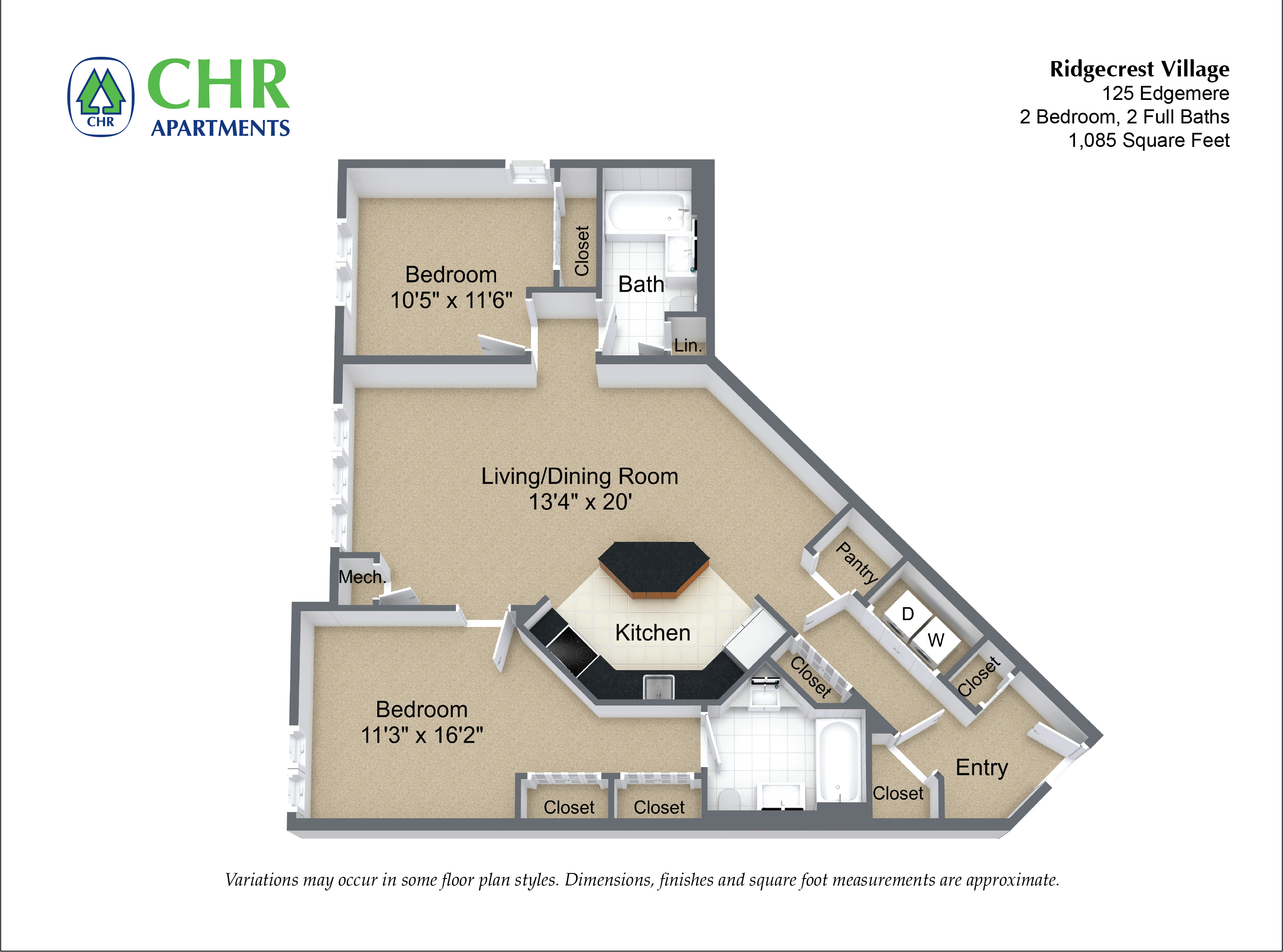 Floor plan for 2 beds, 2 baths, 1117 sqft